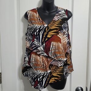 💲2️⃣ Marie Claire Vibrant Leaf Print V-Neck Layered Asym Sleeveless Top Sz Med